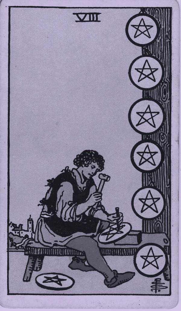Eight of Pentacles tarot card — Rider–Waite–Smith, Mist edition
