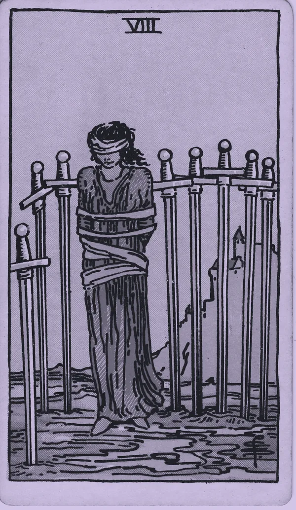 Eight of Swords tarot card — Rider–Waite–Smith, Mist edition