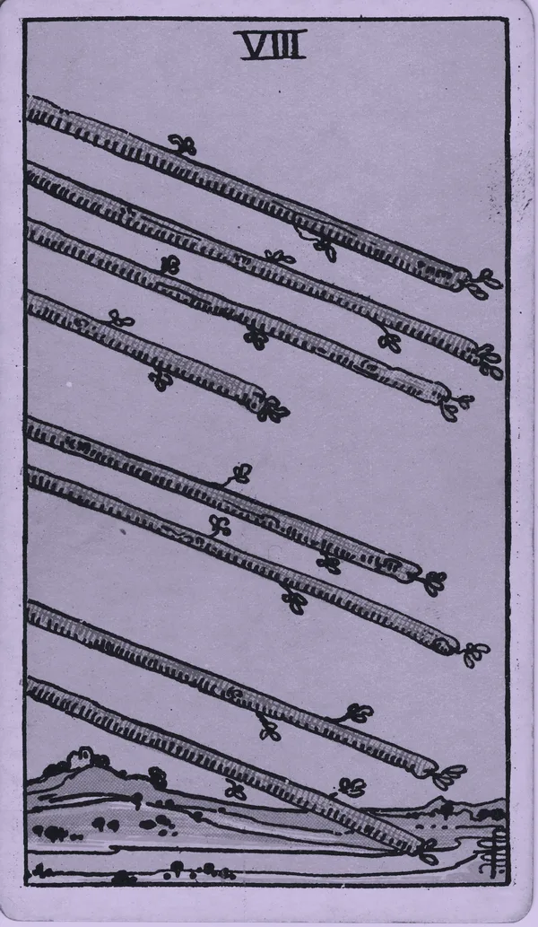 Eight of Wands tarot card — Rider–Waite–Smith, Mist edition