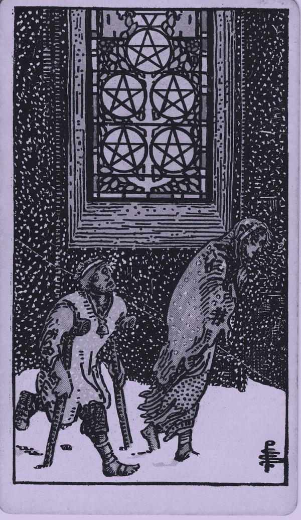 Five of Pentacles tarot card — Rider–Waite–Smith, Mist edition