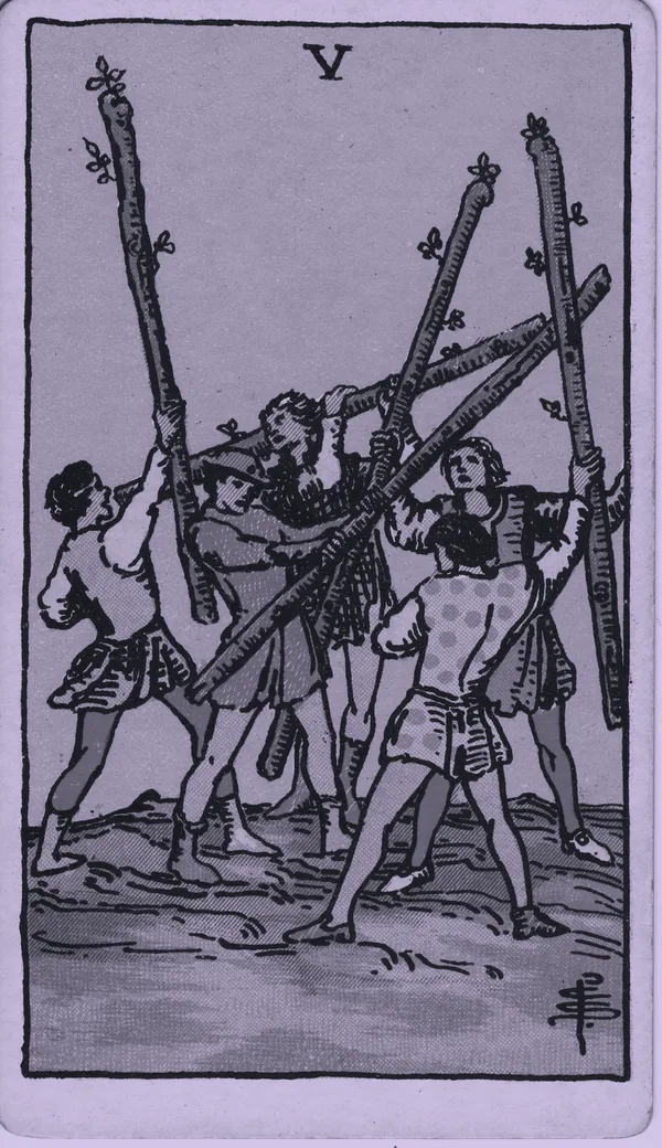 Five of Wands tarot card — Rider–Waite–Smith, Mist edition