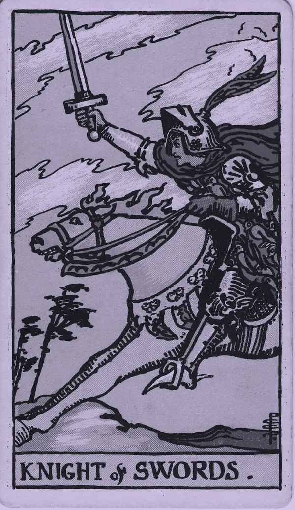 Knight of Swords tarot card — Rider–Waite–Smith, Mist edition