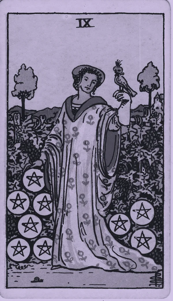 Nine of Pentacles tarot card — Rider–Waite–Smith, Mist edition