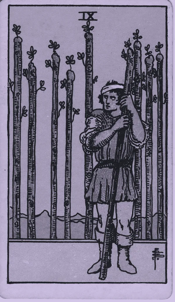 Nine of Wands tarot card — Rider–Waite–Smith, Mist edition