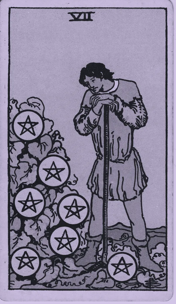 Seven of Pentacles tarot card — Rider–Waite–Smith, Mist edition