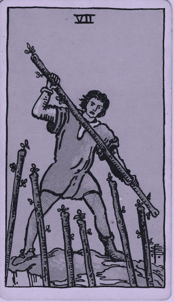 Seven of Wands tarot card — Rider–Waite–Smith, Mist edition