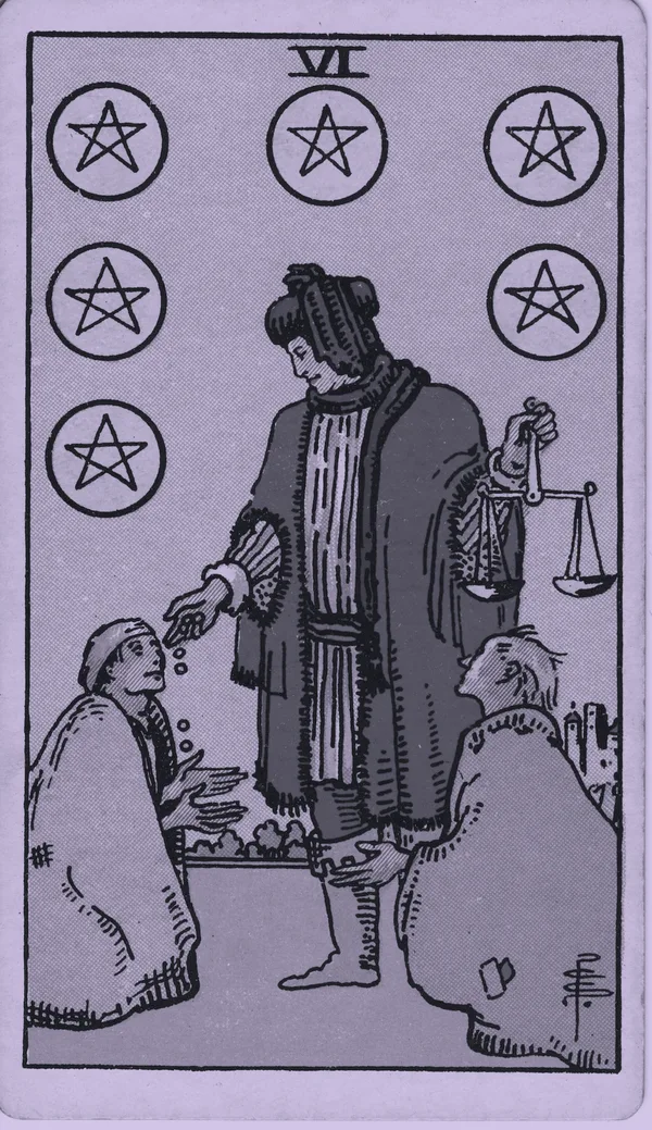 Six of Pentacles tarot card — Rider–Waite–Smith, Mist edition