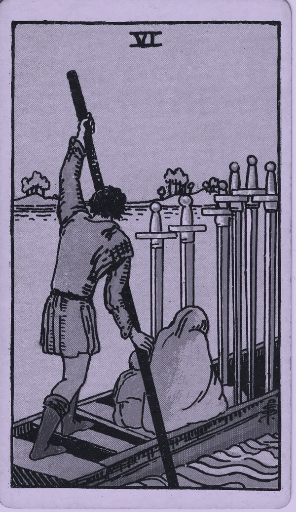Six of Swords tarot card — Rider–Waite–Smith, Mist edition