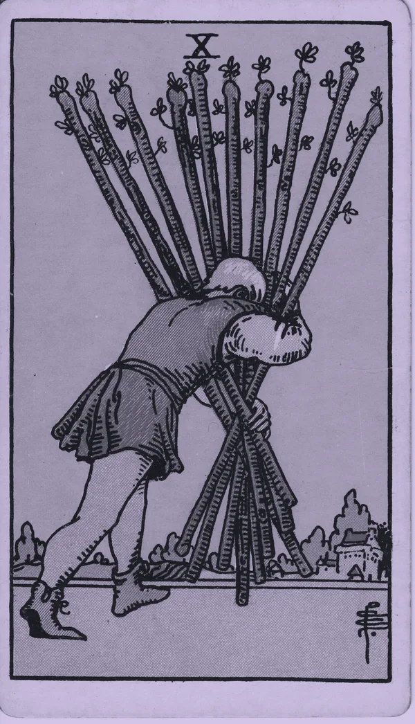Ten of Wands tarot card — Rider–Waite–Smith, Mist edition