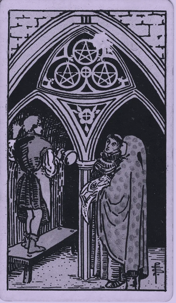 Three of Pentacles tarot card — Rider–Waite–Smith, Mist edition