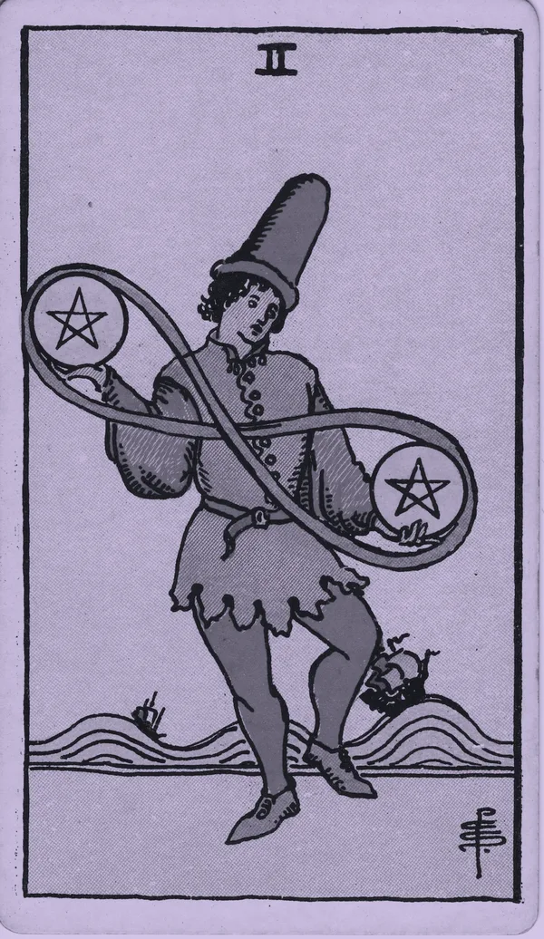Two of Pentacles tarot card — Rider–Waite–Smith, Mist edition